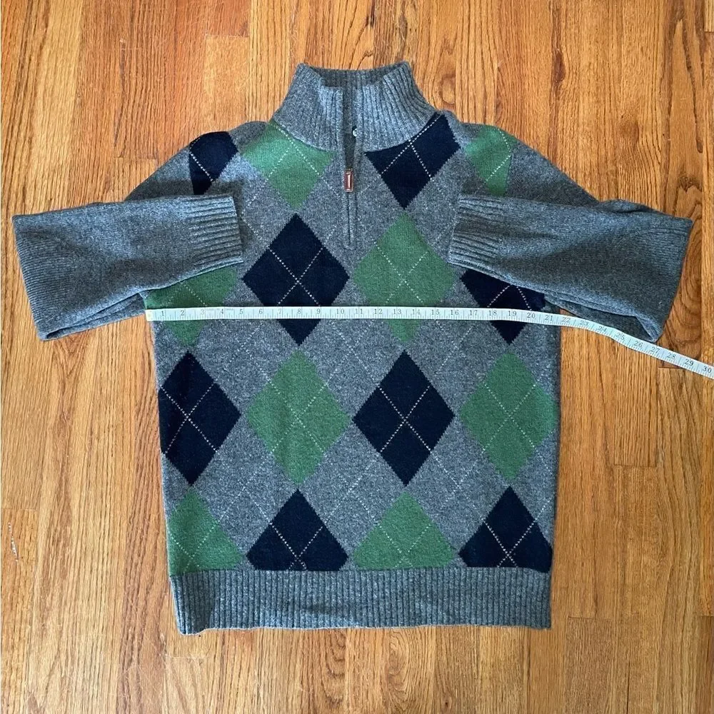 J. Crew 100% Premium Lambswool Argyle Gray Zip Pullover Sweater Size Medium